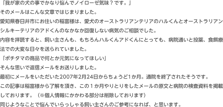 「我が家の犬の事でかなり悩んでノイローゼ気味？です。」そのメールはこんな文章ではじまりました。愛知県春日井市にお住いの稲富様は、愛犬のオーストラリアンテリアのハルくんとオーストラリアンシルキーテリアのアドくんのなかなか回復しない病気のご相談でした。内容を拝読すると、飼い主さんも、もちろんハルくんアドくんにとっても、病院通いと投薬、食餌療法での大変な日々を送られていました。「ポチタマの商品で何とか元気になってほしい」そんな思いで返信メールをお送りしました。最初にメールをいただいた2007年2月24日からちょうど1か月。通院を終了されたそうです。この記事は稲富様から了解を頂き、この１か月やりとりをしたメールの原文と病院の検査資料を掲載しております。（※個人情報にかかわる部分は削除しております）同じようなことで悩んでいらっしゃる飼い主さんのご参考になれば、と思います。