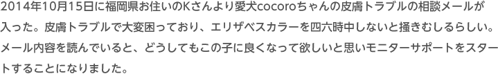 2014　10月15日に福岡県お住いのKさんより愛犬cocoroちゃんの皮膚トラブルの相談メールが入った。皮膚トラブルで大変困っており、エリザベスカラーを四六時中しないと掻きむしるらしい。メール内容を読んでいると、どうしてもこの子に良くなって欲しいと思いモニターサポートをスタートすることになりました。