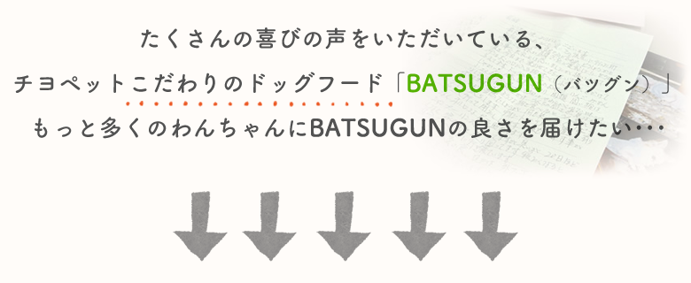 たくさんの喜びの声をいただいている、チヨペットこだわりのドッグフード「BATSUGUN（バツグン）」もっと多くのわんちゃんにBATSUGUNの良さを届けたい･･･